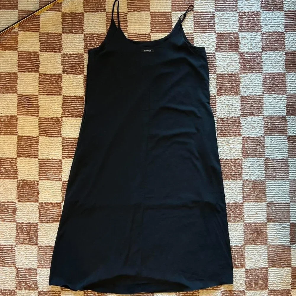 Calvin Klein Minimalist Black Spaghetti Strap Scoop Neck Maxi Slip Dress